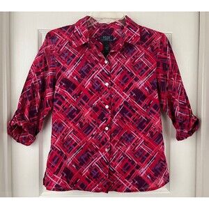CRAZY HORSE - Red & Purple 3/4 Roll Tab Sleeve Cotton Button-Up Blouse size 6